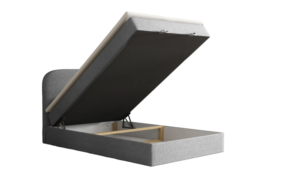 Cloud boxspringbed met geopende opbergruimte om de opbergruimte te demonstreren.
