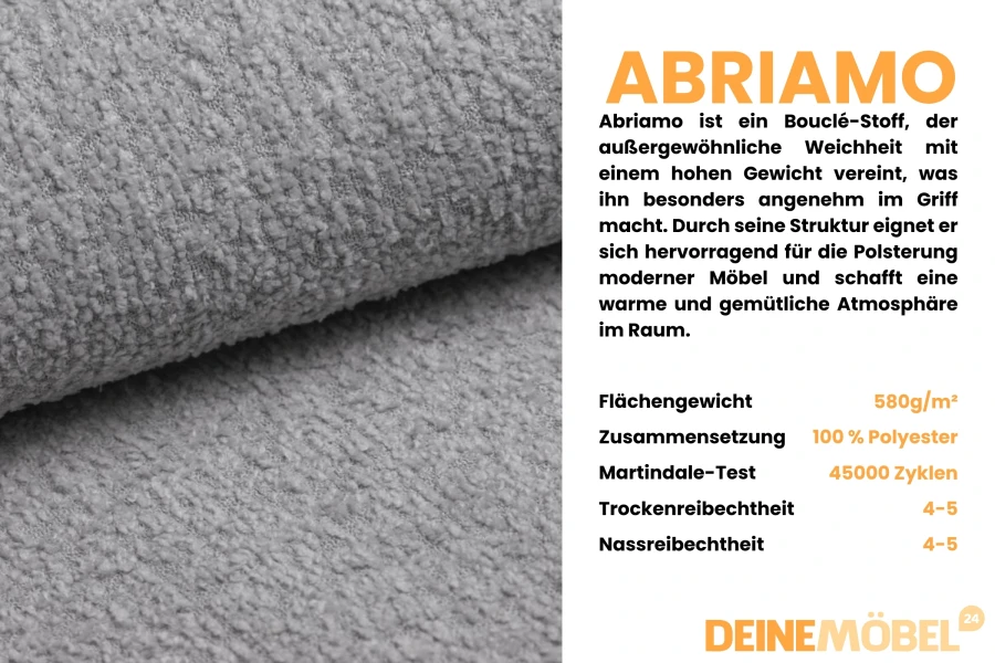 Characteristics of the Abriamo Bouclé fabric in Grey for high-quality upholstered furniture.