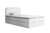 Weißes Boxspringbett mit Bouclé-Stoff und integriertem Bettkasten auf weißem Hintergrund.