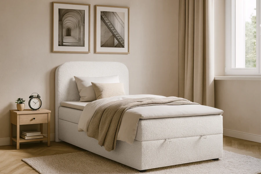 Gemütliches Schlafzimmer mit modernem weißen Boxspringbett aus Bouclé-Stoff.