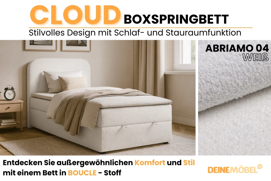 Cloud Boxspringbett in Weiß aus Bouclé-Stoff mit Stauraumfunktion und stilvollem Design.