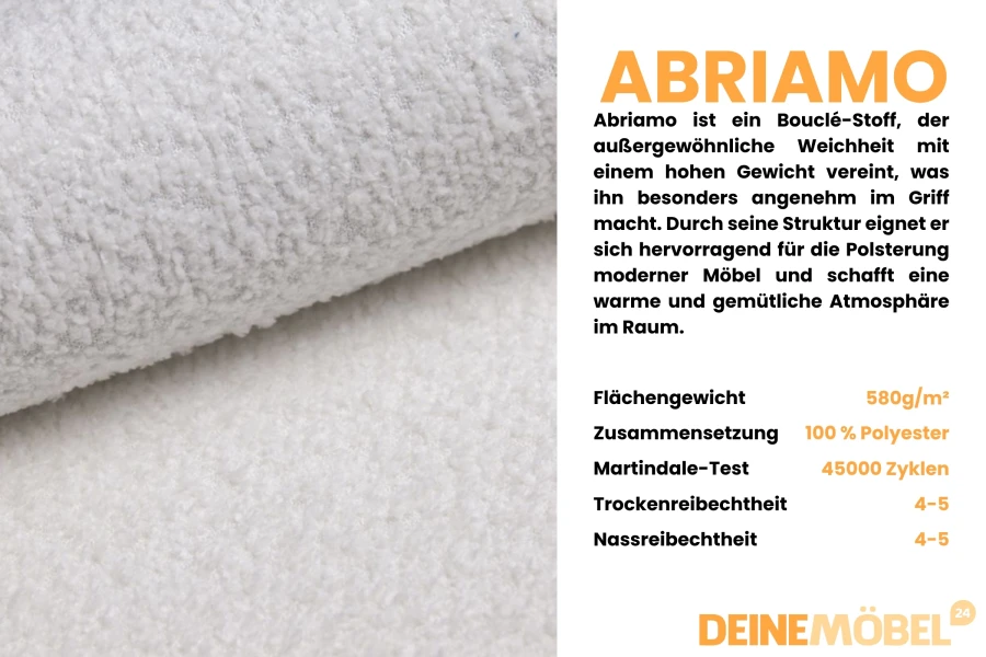 Detailansicht und technische Daten des hochwertigen Abriamo Bouclé-Stoffes in Weiß.