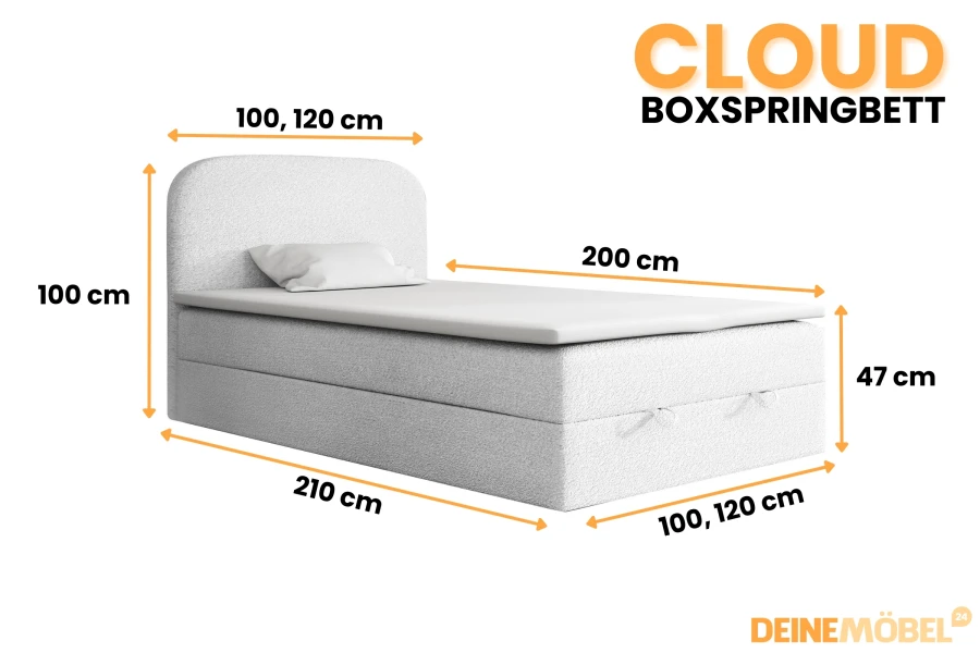 Cloud Boxspringbett weiß Maße: 100/120x200 cm mit gepolstertem Kopfteil und Topper.