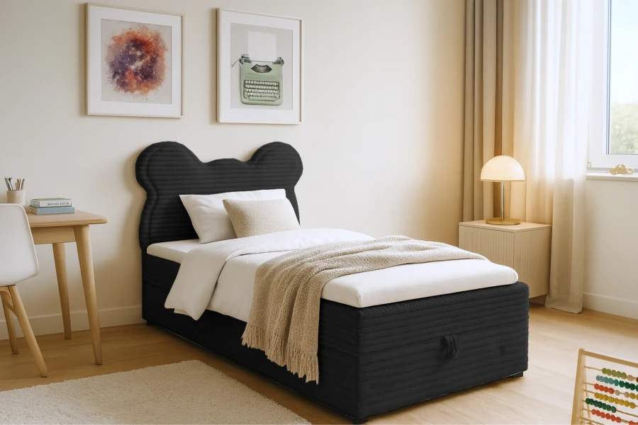 Schwarzes Boxspringbett für Kinder mit Teddybär-Kopfteil, modernes Design für das Kinderzimmer.