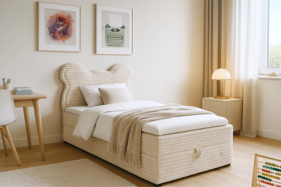 Süßes Boxspringbett in Beige für Kinder mit Kopfstütze in Bärenform und Bettkasten.