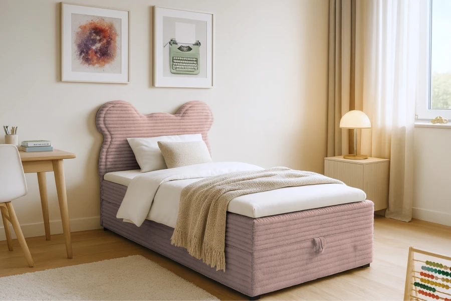 Rosa Kinder-Boxspringbett mit Kopfteil in Bärenform, weicher Cordstoff.