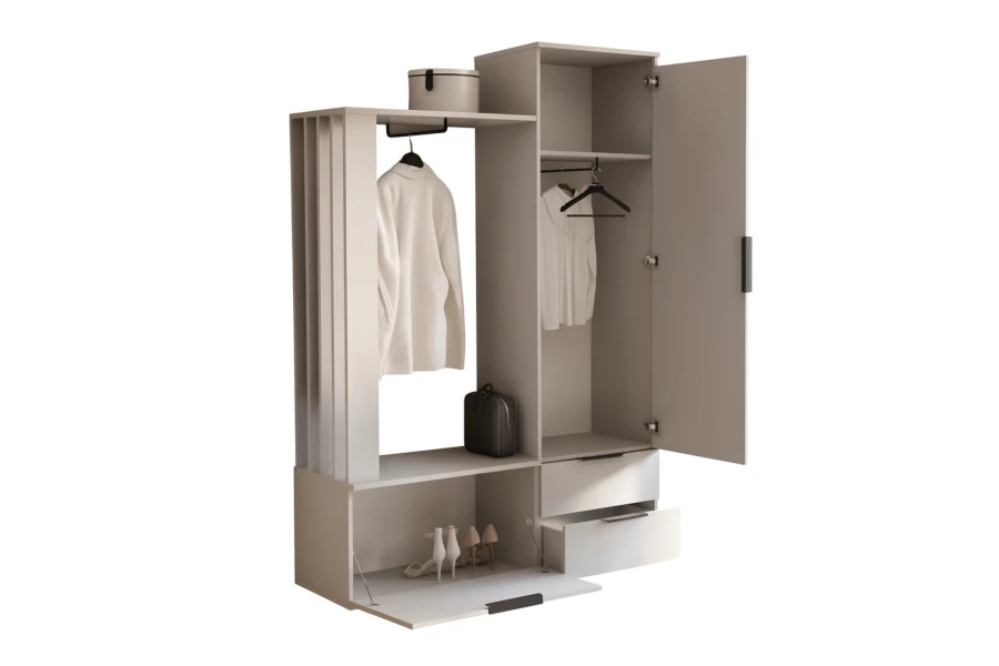 Offene modulare Garderobe mit Kleiderstange und Schuhablage in Hellgrau.