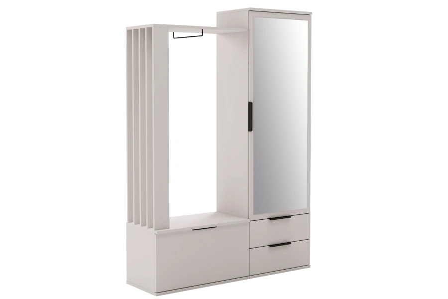 Minimalistische Garderobe mit großem Spiegel und Schubladen in Hellgrau.