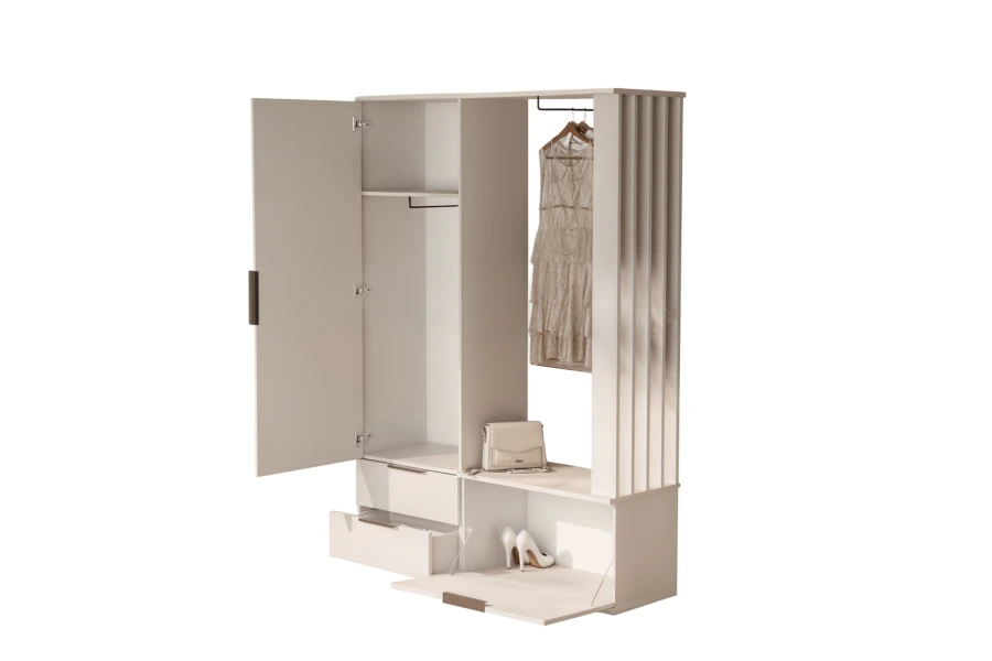 Offene beige Flurgarderobe mit viel Stauraum für Kleidung, Taschen und Schuhe, modernes Design.