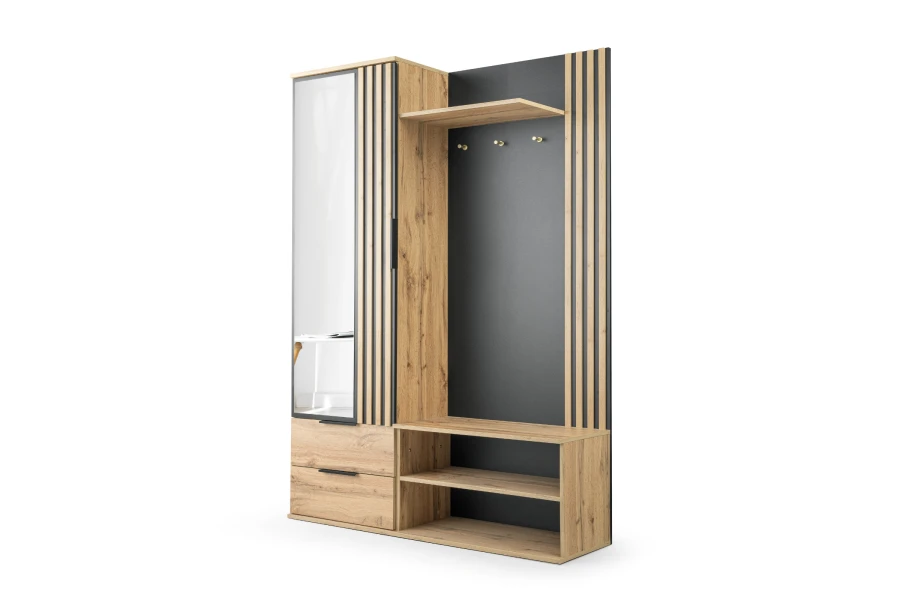 Moderne Flurgarderobe in Eiche und Schwarz mit Spiegel, Haken und Ablagefächern.