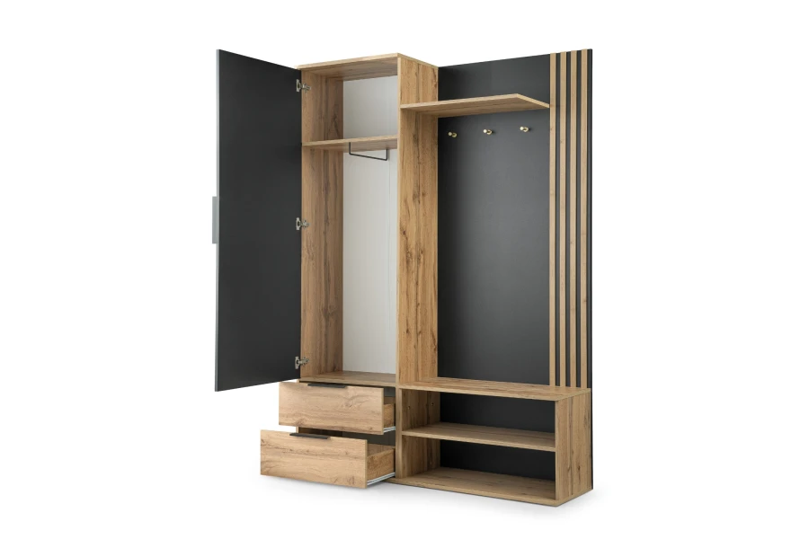 Geöffneter Garderobenschrank zeigt Innenaufteilung mit Kleiderstange und Schubladen.