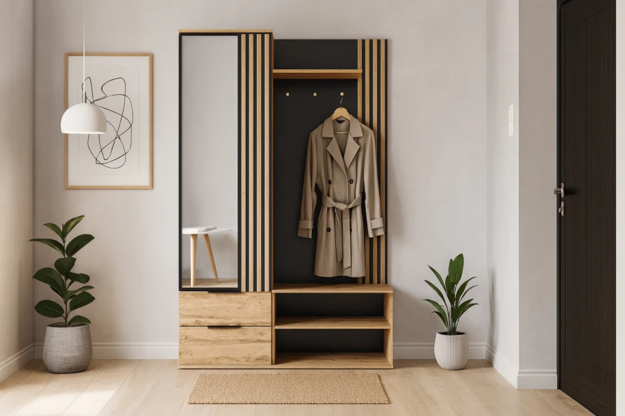 Moderner Eingangsbereich mit platzsparender Garderobe, Spiegel und wohnlicher Deko.