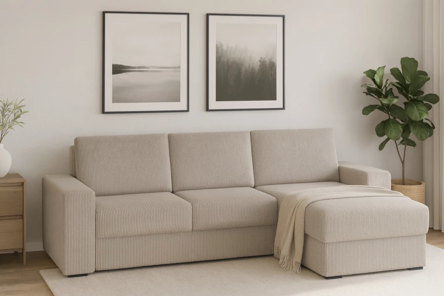 Modernes Ecksofa TOCO aus Cord in Beige, Ausführung mit Ottomane rechts.