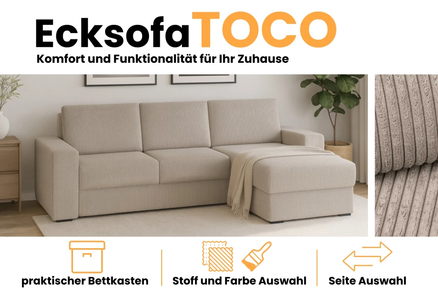 Produktübersicht Ecksofa TOCO mit Infos zu Bettkasten und Stoffauswahl.