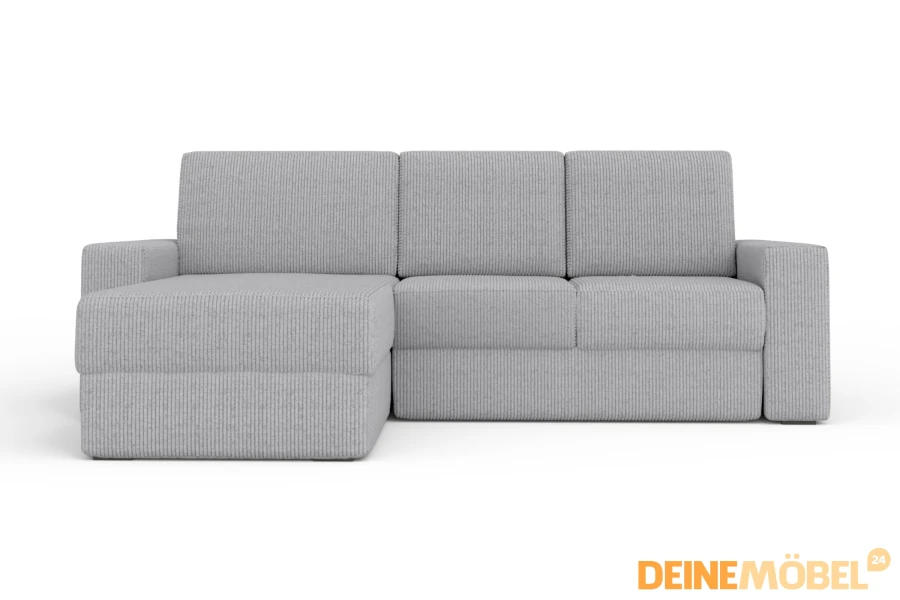 Modernes Ecksofa in Hellgrau mit Cord-Bezug vor weißem Hintergrund.