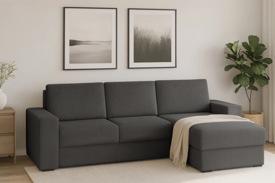 Anthrazitfarbenes Cord-Ecksofa in modern eingerichtetem Wohnzimmer mit Dekoration.