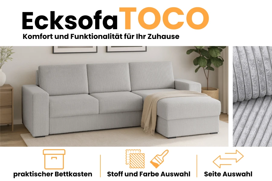 Ecksofa TOCO mit Bettkasten, Stoffauswahl und wählbarer Ausrichtung für Ihr Zuhause.
