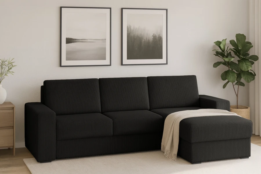 Elegantes schwarzes Ecksofa TOCO in Cord-Optik für ein modernes Zuhause.