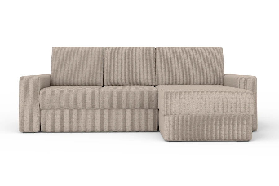 Beiges Ecksofa aus Cordstoff mit Ottomane rechts, Frontansicht.