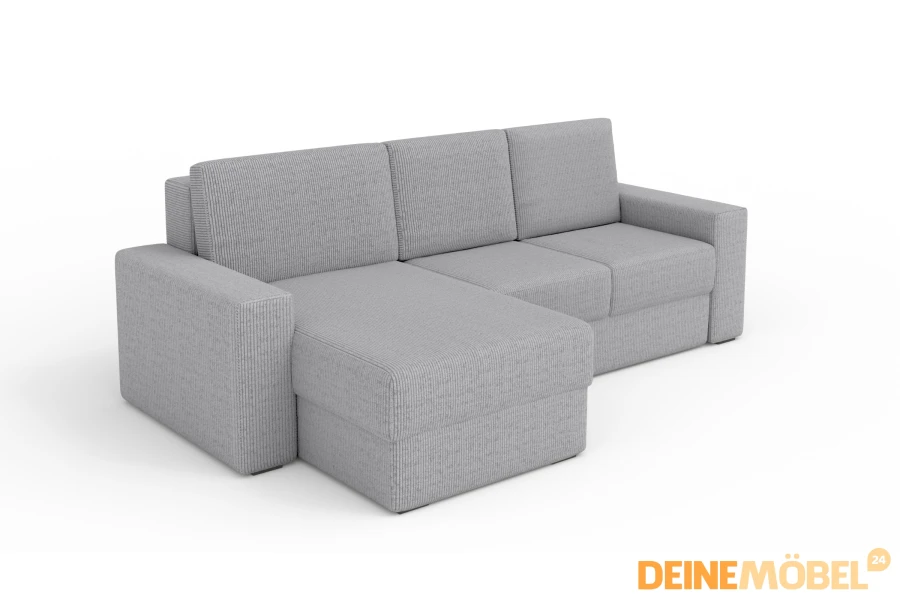 Hellgraues L-Sofa mit Cord-Bezug, Ottomane links, modernes Möbelstück.