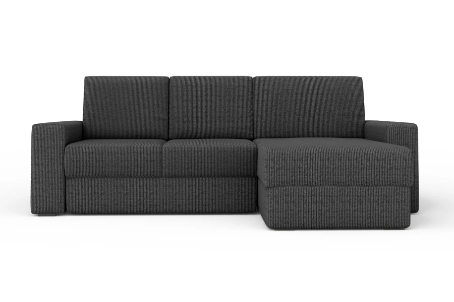 Dunkelgraues Ecksofa aus Cord, Ottomane rechts, stilvolle Polstercouch.