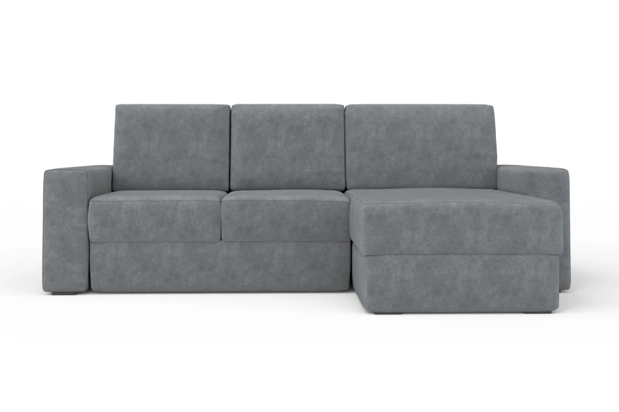 Graues Ecksofa mit Stoffbezug und Recamiere rechts, modernes Polstersofa.