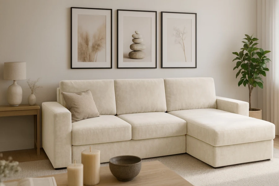 Beiges Ecksofa in gemütlichem Wohnzimmer mit Bildern und Zimmerpflanze