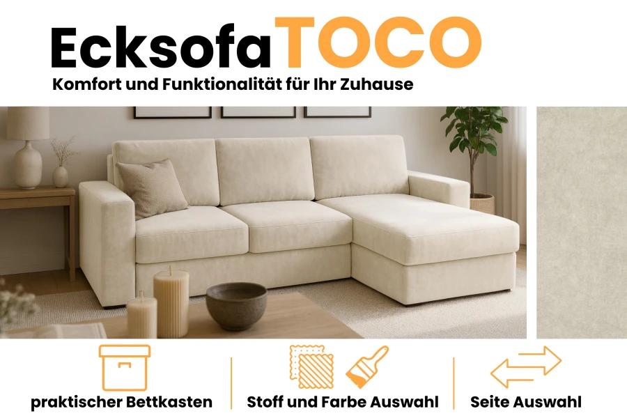 Ecksofa TOCO Infografik: Details zu Bettkasten und individueller Stoffwahl