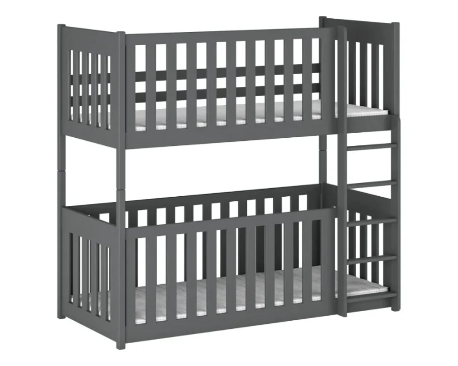 Graues Kinder-Etagenbett aus Massivholz mit Leiter und Gitter auf weißem Hintergrund.