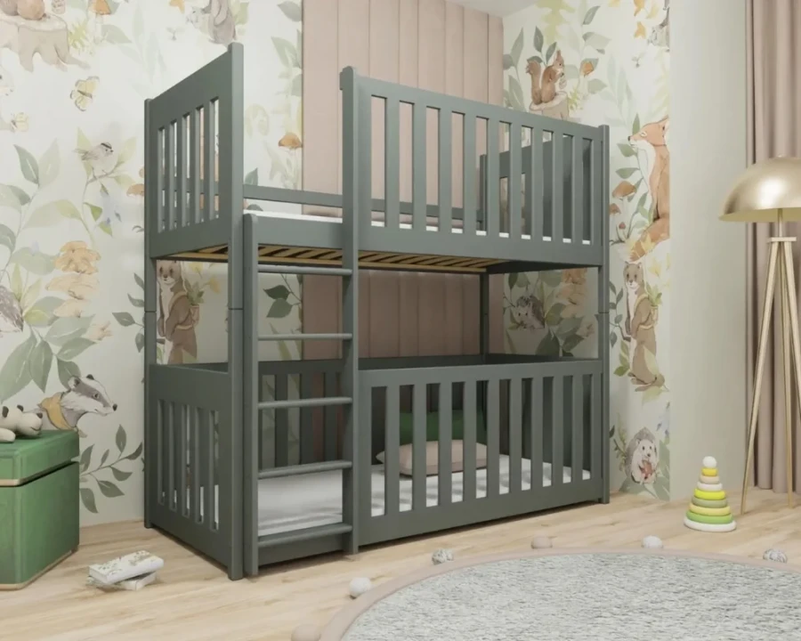 Graues Kinder-Etagenbett mit hohem Rausfallschutz in modernem Kinderzimmer.