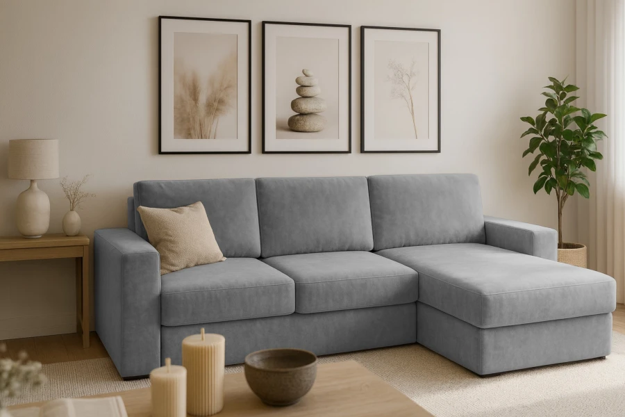 Modernes graues Ecksofa in einem hellen Wohnzimmer mit stilvoller Wanddekoration und Pflanzen.