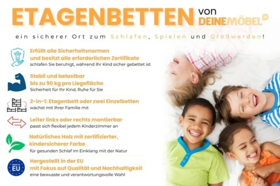 Hochwertige Hochbetten für Kinder: Umbaubar zu Einzelbetten und nach EU-Sicherheitsnormen.
