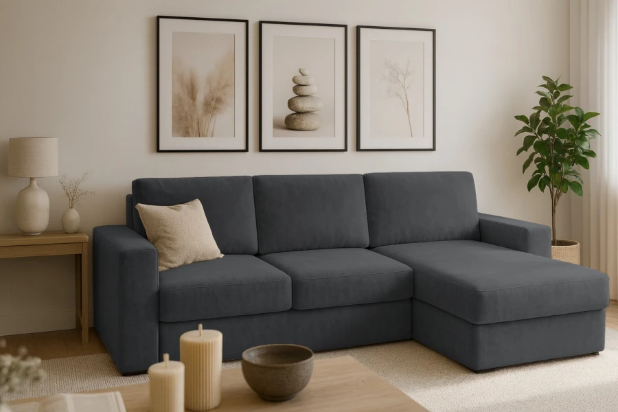 Modernes dunkelgraues Ecksofa in einem minimalistisch gestalteten Wohnzimmer mit Wandbildern und Pflanzen.