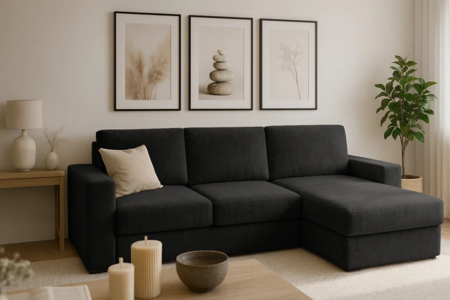 Modernes schwarzes Ecksofa in minimalistischem Wohnzimmer mit stilvoller Dekoration.