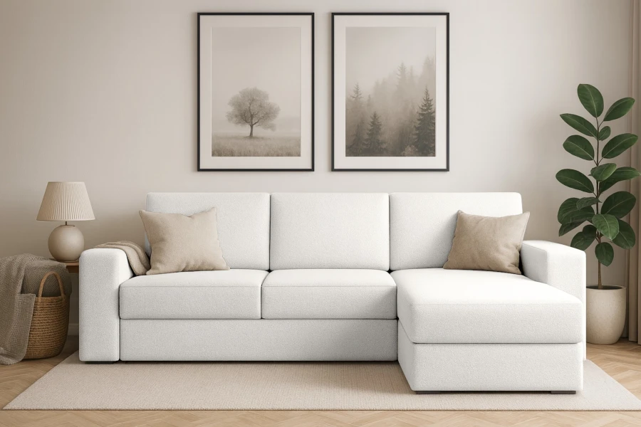 Gemütliches weißes Ecksofa in hellem Wohnzimmer mit moderner Wanddeko.