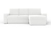 Minimalistisches weißes Ecksofa mit Bouclé-Bezug und Recamiere auf weißem Grund.