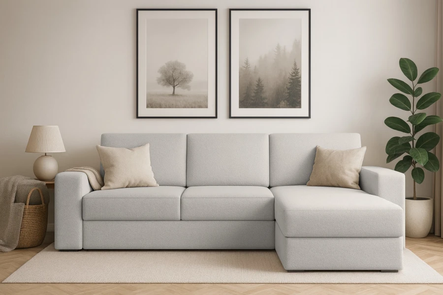Hellgraues L-Form Sofa im skandinavischen Wohnzimmer mit Deko und Wandbildern.
