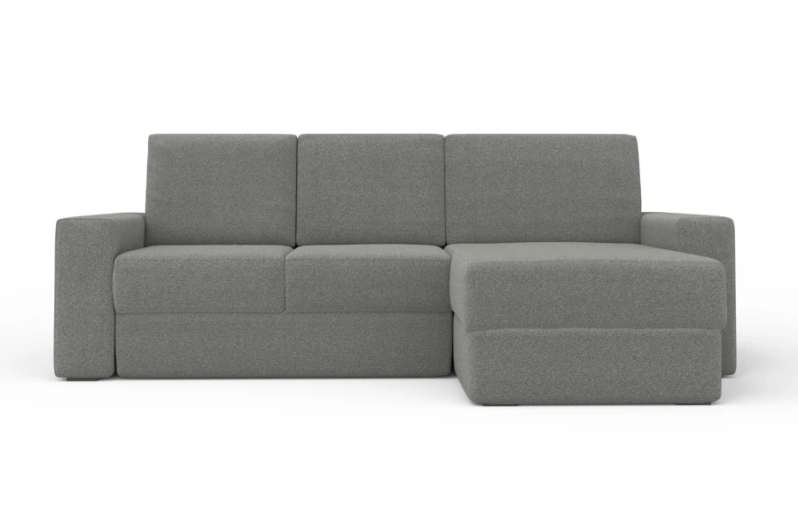 Modernes graues Ecksofa in L-Form, freistehend auf weißem Hintergrund.