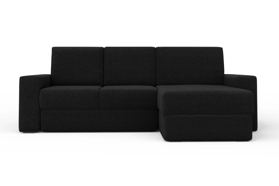 Klassisches schwarzes Ecksofa in L-Form, minimalistische Ansicht von vorne.