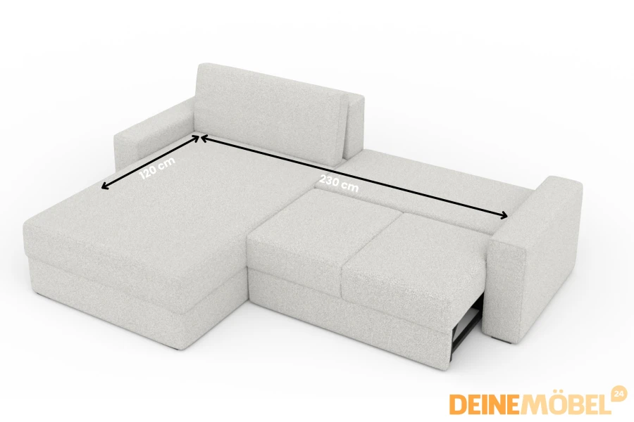 Hellgraues Ecksofa mit Schlaffunktion und Maße-Angaben: 230 cm Breite und 120 cm Tiefe der Recamiere.