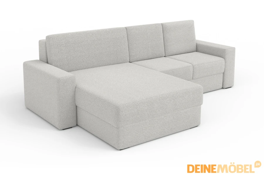 Hellgraues Polstersofa in L-Form mit gemütlicher Recamiere, ideal für moderne Wohnbereiche.