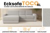 Infografik zum Ecksofa TOCO XL mit Details zu Bettkasten, Stoffauswahl und Ausrichtung.