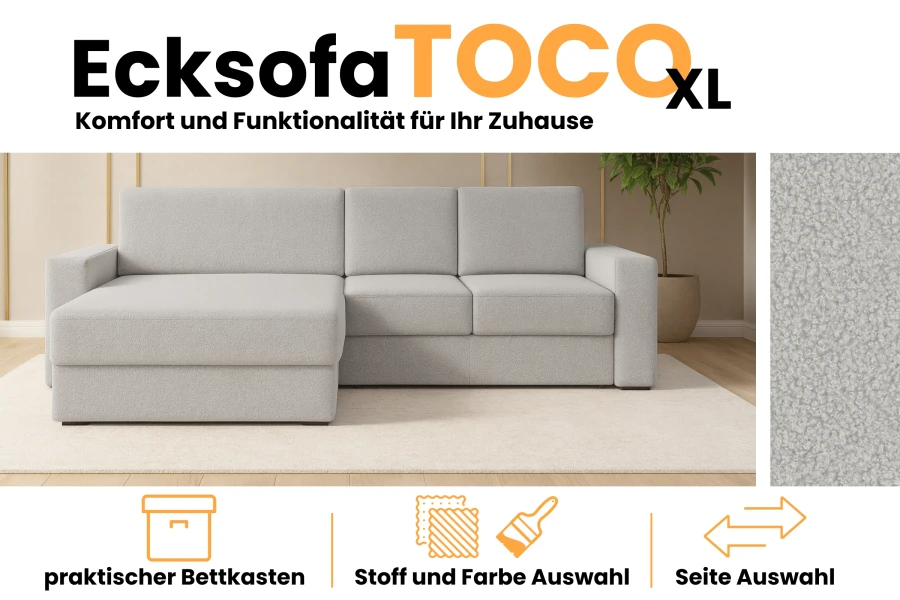 Infografik zum Ecksofa TOCO XL mit Details zu Bettkasten, Stoffauswahl und Ausrichtung.