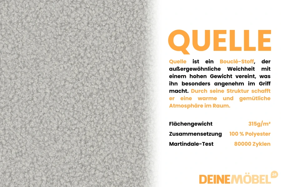 Nahaufnahme des grauen Bouclé-Stoffs Quelle mit technischen Details und Stoffstruktur.