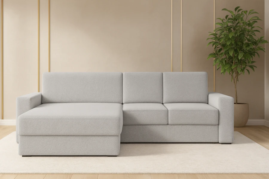 Hellgraues Ecksofa aus Bouclé-Stoff in modernem Wohnzimmer.