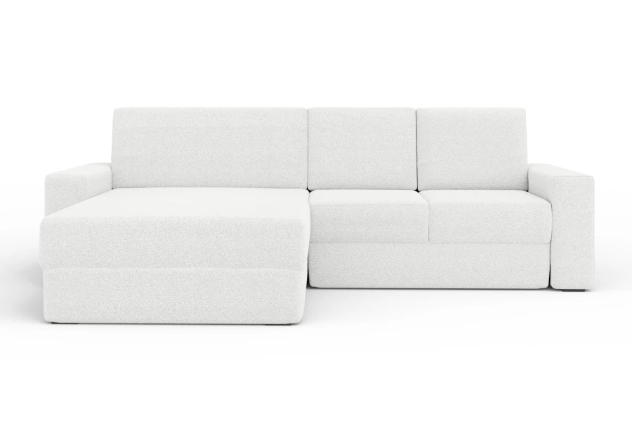 Modernes weißes Ecksofa in L-Form auf weißem Hintergrund.