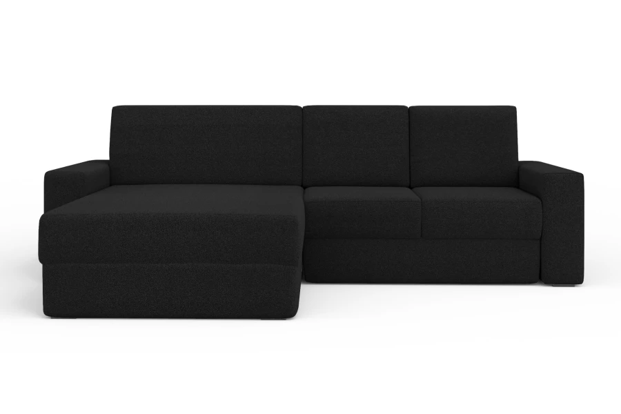 Schwarzes L-Sofa Design Couch vor weißem Hintergrund