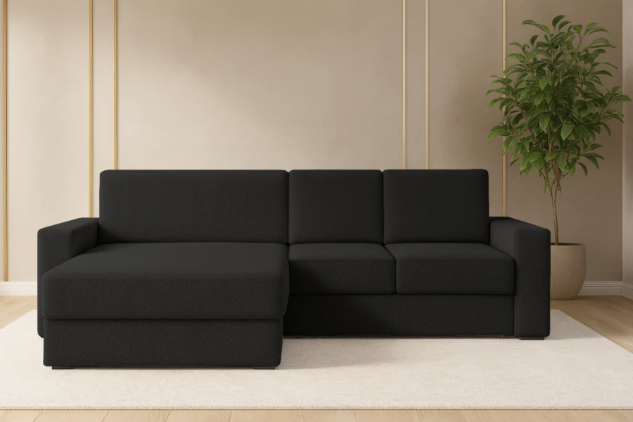 Schwarzes Ecksofa im Wohnzimmer mit Pflanze und Teppich