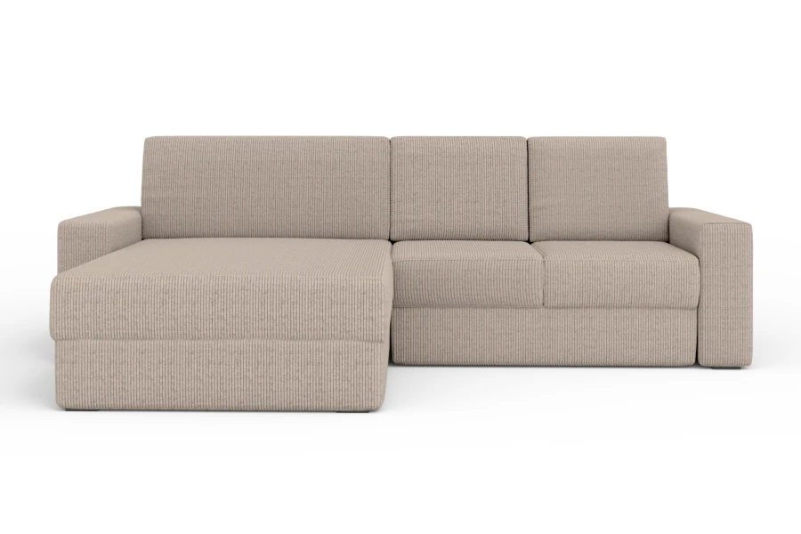 Modernes Ecksofa in Beige mit Kordstoff-Bezug auf weißem Hintergrund