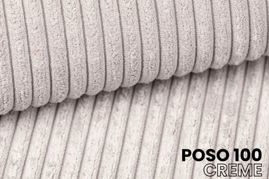 Nahaufnahme des Cordstoffs Poso 100 in Creme mit weicher Rippenstruktur.